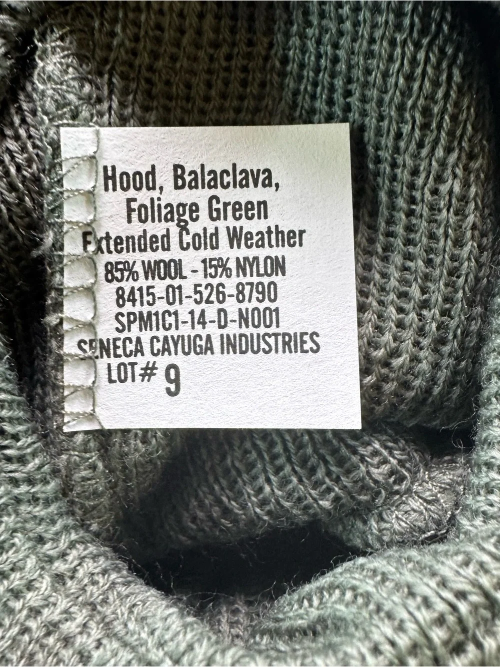 US Military issued Foliage Green Extreme Cold Weather Balaclava Hood Wool Blend